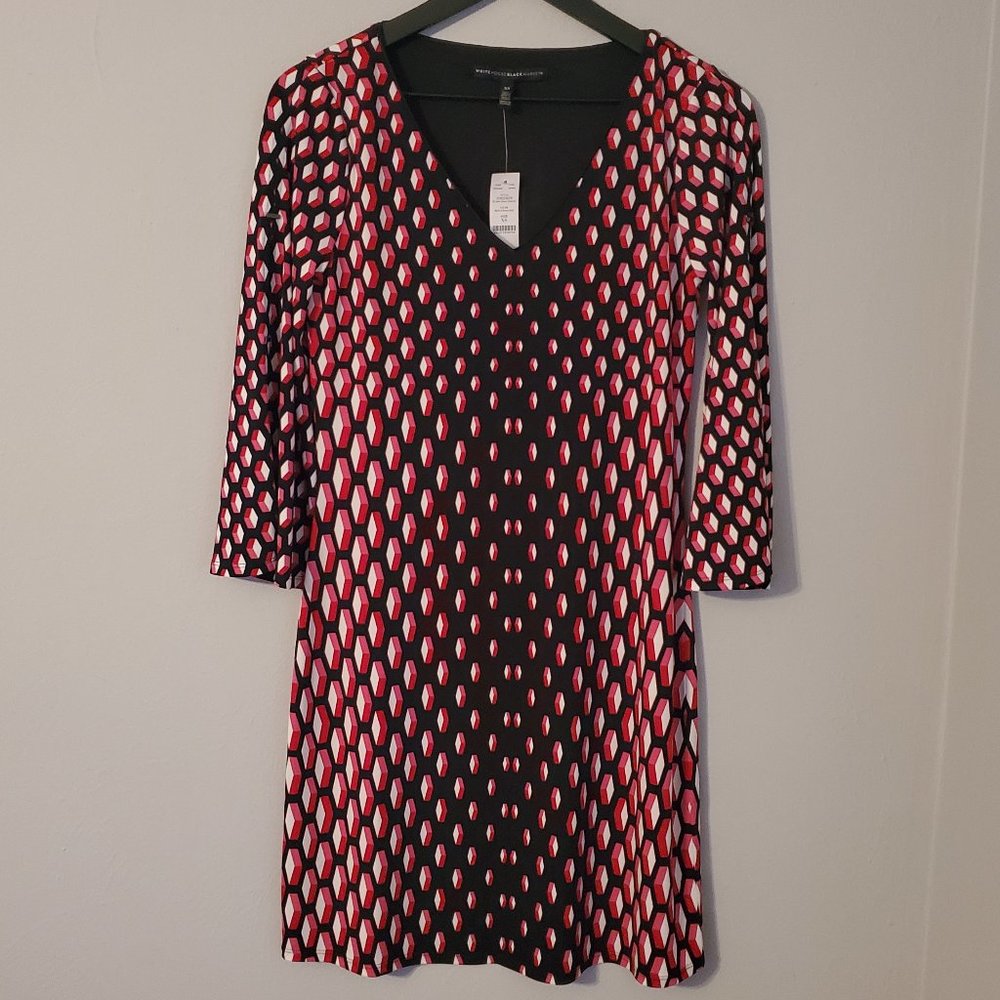 NWT WHBW Black w/  Red and Pink 3D Design Dress w/ Split Bell Sleeve Size XS